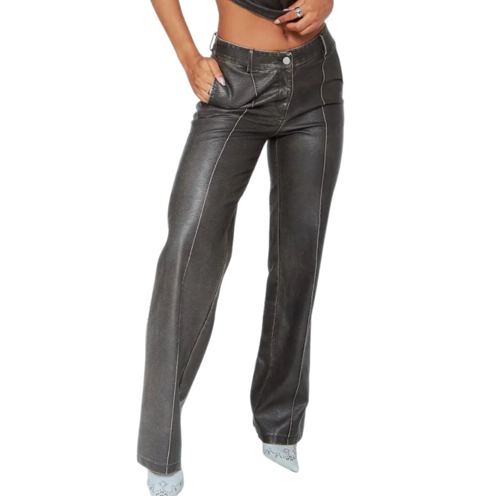 PrettyLittleThing Dark Brown Washed Faux Leather Dip Waist Flared Pants